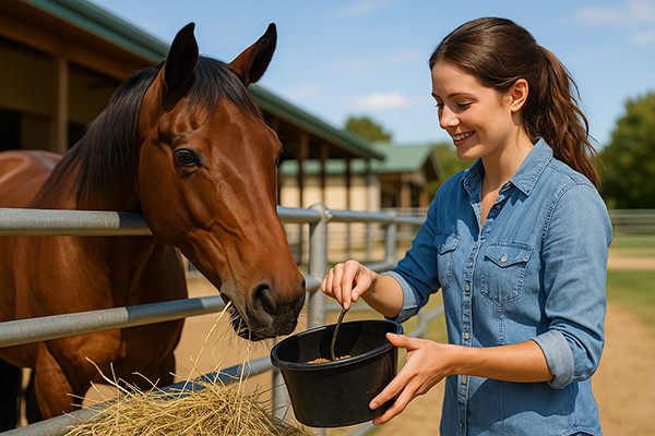 How to Feed Your Horse Complete Guide.  Horse Owner Preparing Feed  Safe and Smart Feeding at a Modern Barn