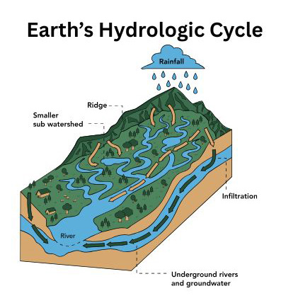 The Hydrologic Cycle pulls water and pollutants through soil and rock crevices into groundwater aquifers or by runoff that collects in oceans and lakes.