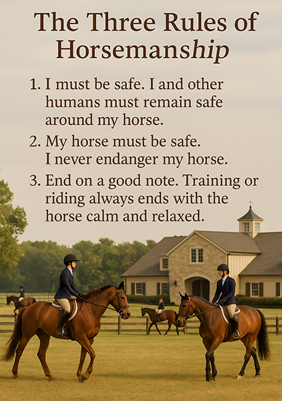 Horsemanship Rules — 1. I must be safe. 2. My horse must be safe. 3. End on a good note.