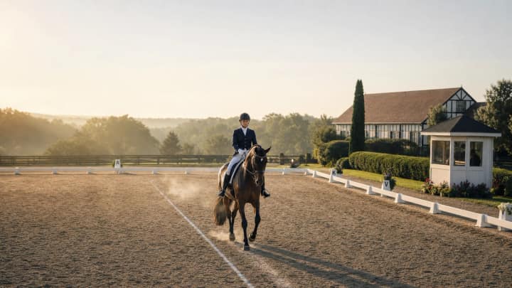 Dressage rider on a dark bay horse riding a straight centerline toward the judge at dawn in a lettered arena