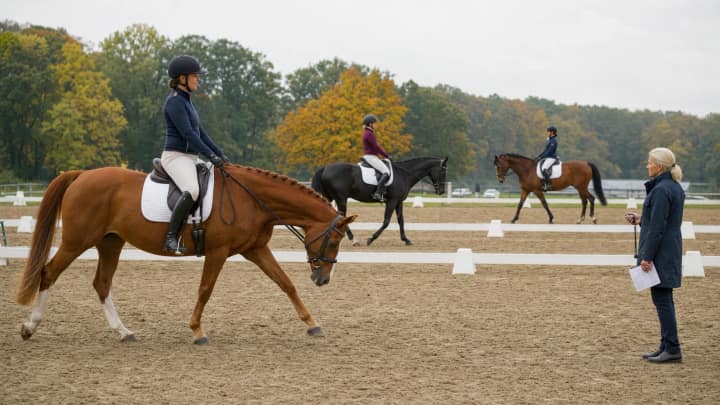 Dressage rider warming up a stretching chestnut horse while other riders and a trainer share an autumn show arena