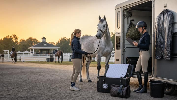 First-time dressage competitor preparing a grey horse beside a trailer with a helper, tack trunk, pad, water, and show schedule at dawn