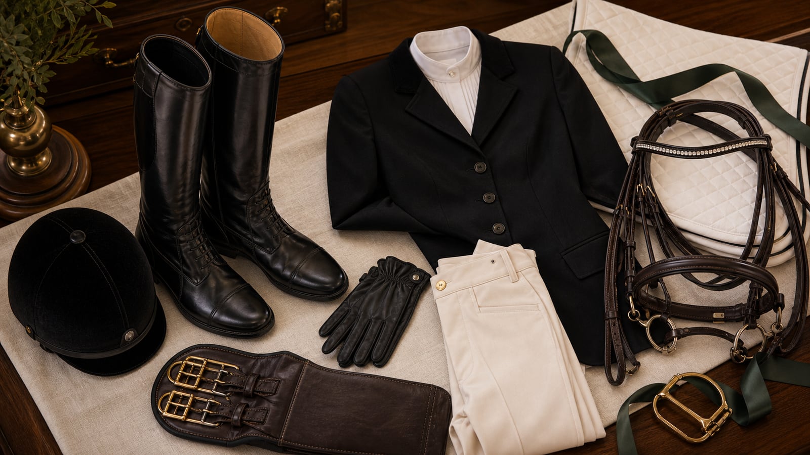 Luxury English tack, saddle pad, boots, helmet, and show apparel arranged on a walnut tack-room table