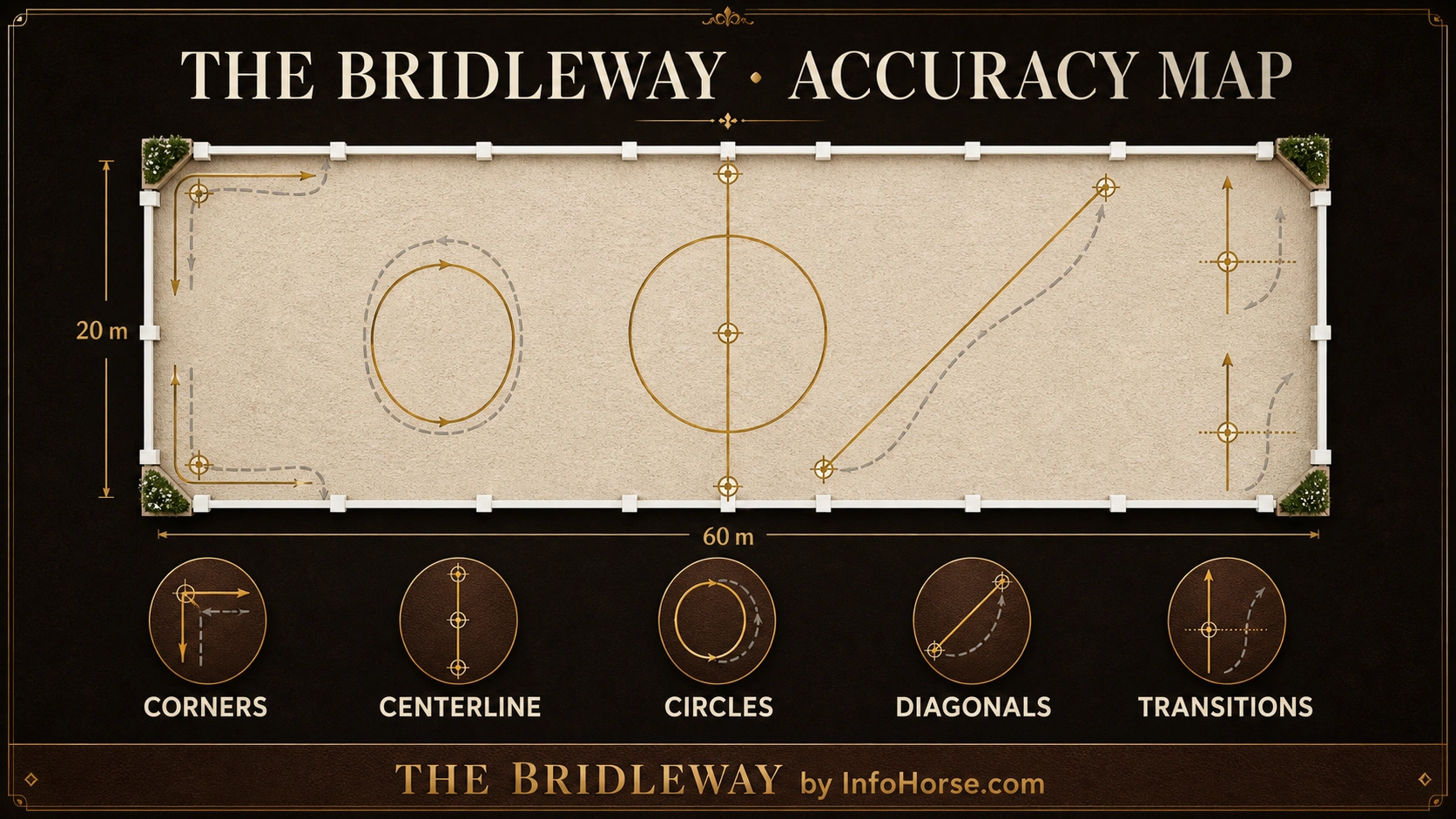 Bridleway accuracy map comparing correct and drifting centerlines, corners, circles, diagonals, and transitions
