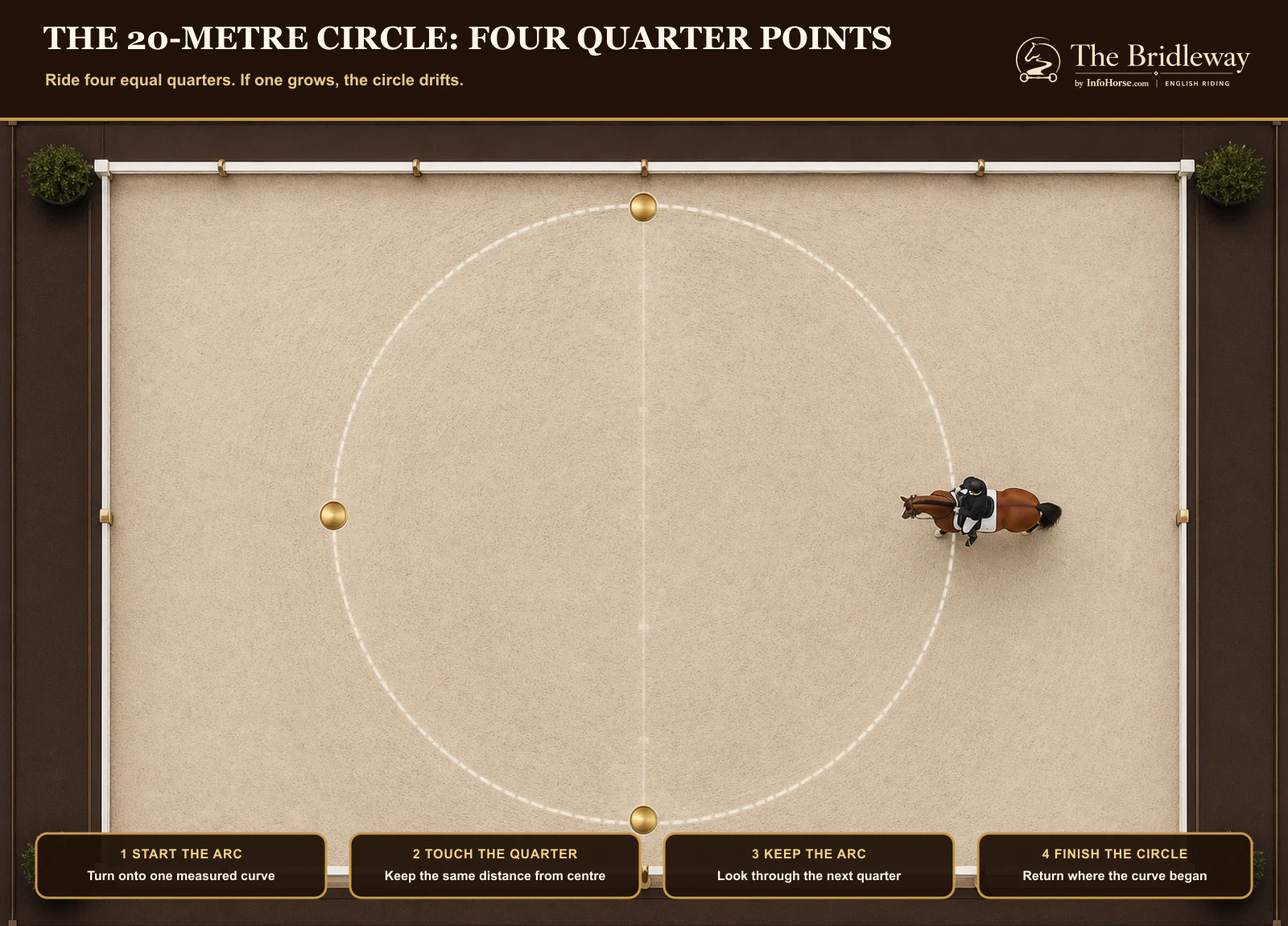 Bridleway overhead guide to riding a 20-metre circle through four equal quarter points
