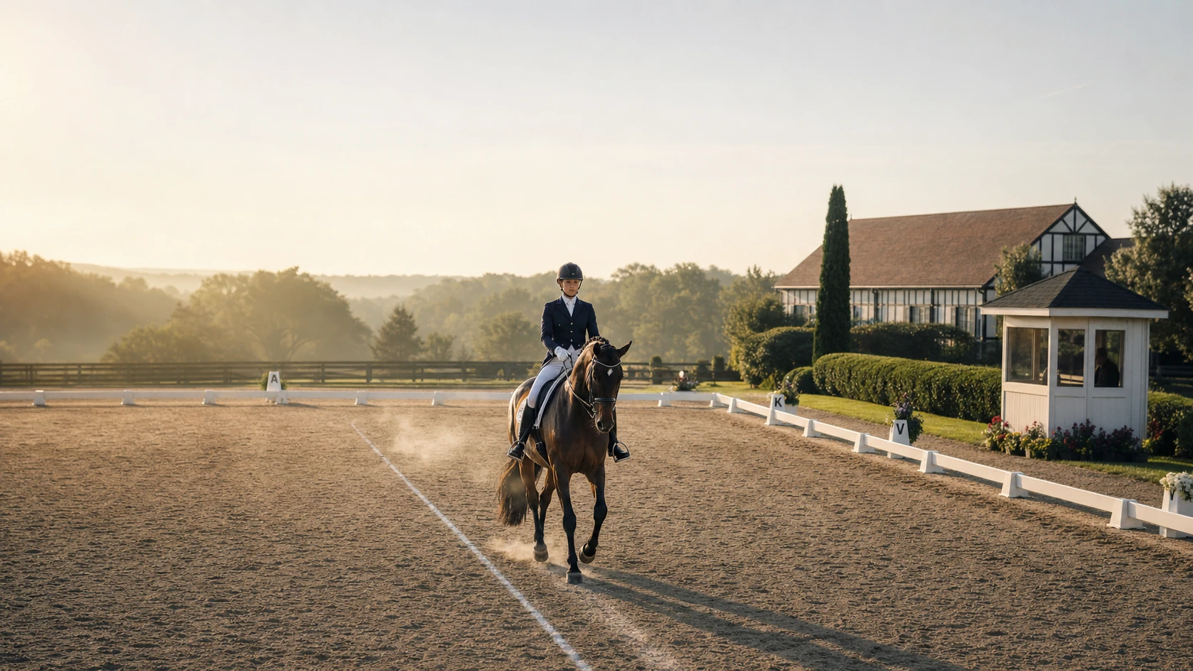 Dressage rider on a dark bay horse riding a straight centerline toward the judge at dawn in a lettered arena