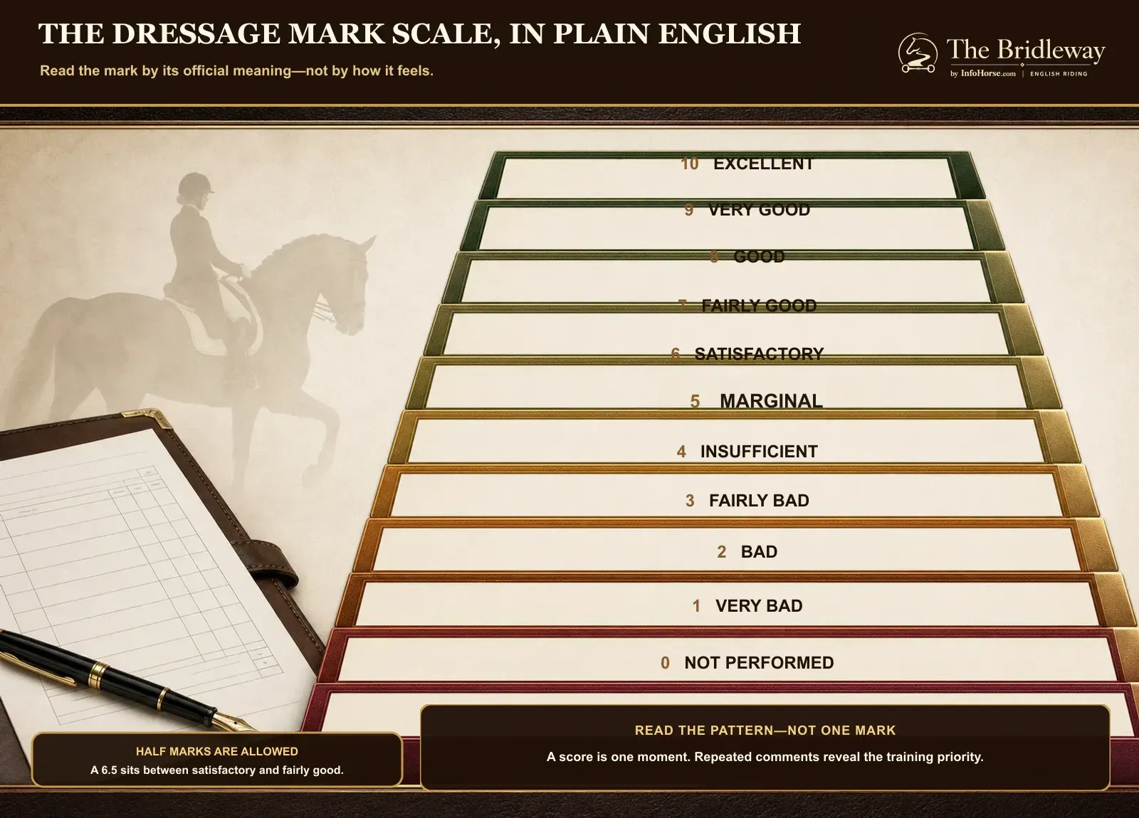 Bridleway dressage mark scale from 10 excellent to 0 not performed using USDF performance terms