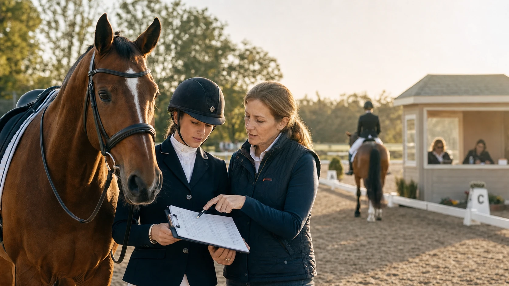 Dressage rider and trainer studying a generic test sheet beside a bay horse with the judge booth visible in the arena
