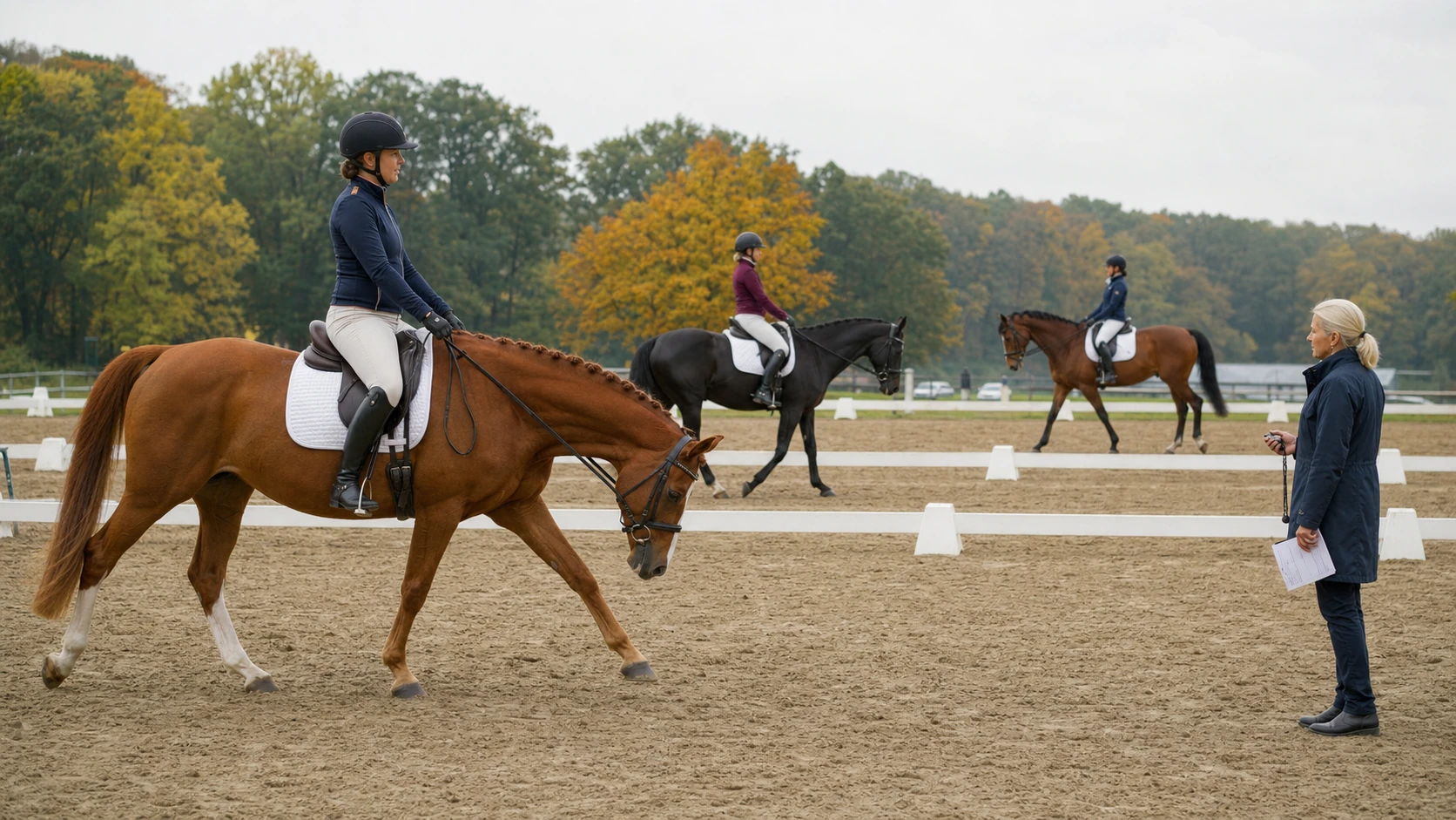 Dressage rider warming up a stretching chestnut horse while other riders and a trainer share an autumn show arena