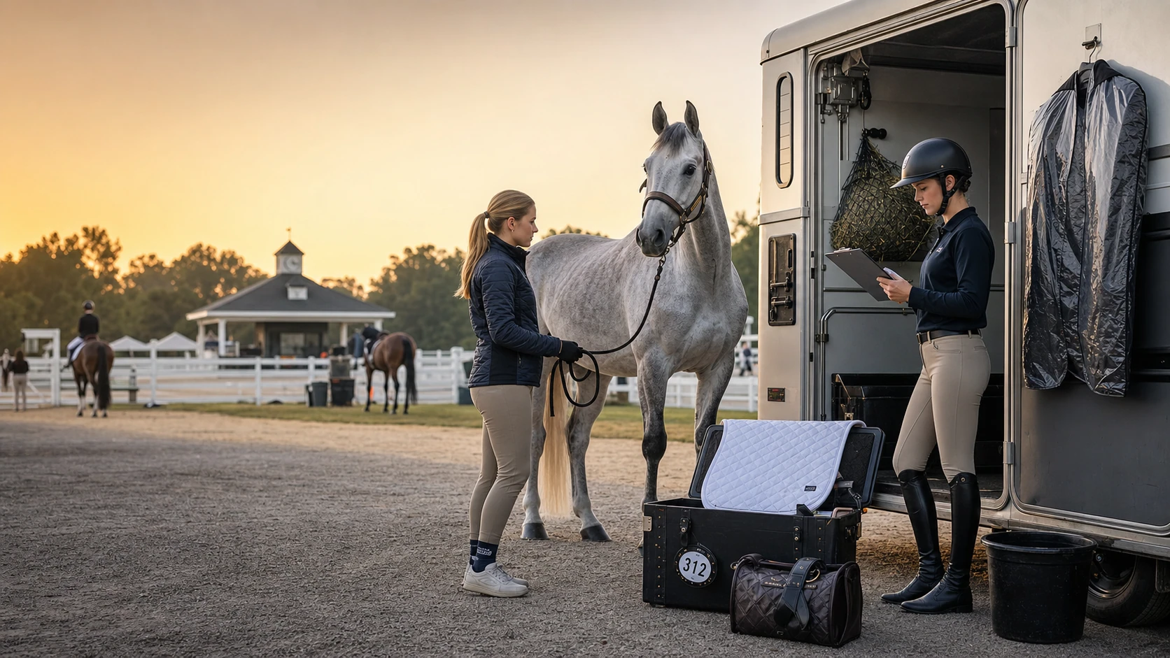 First-time dressage competitor preparing a grey horse beside a trailer with a helper, tack trunk, pad, water, and show schedule at dawn