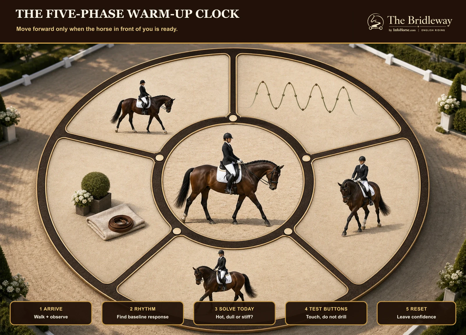 Bridleway five-phase dressage warm-up clock from arrival through reset