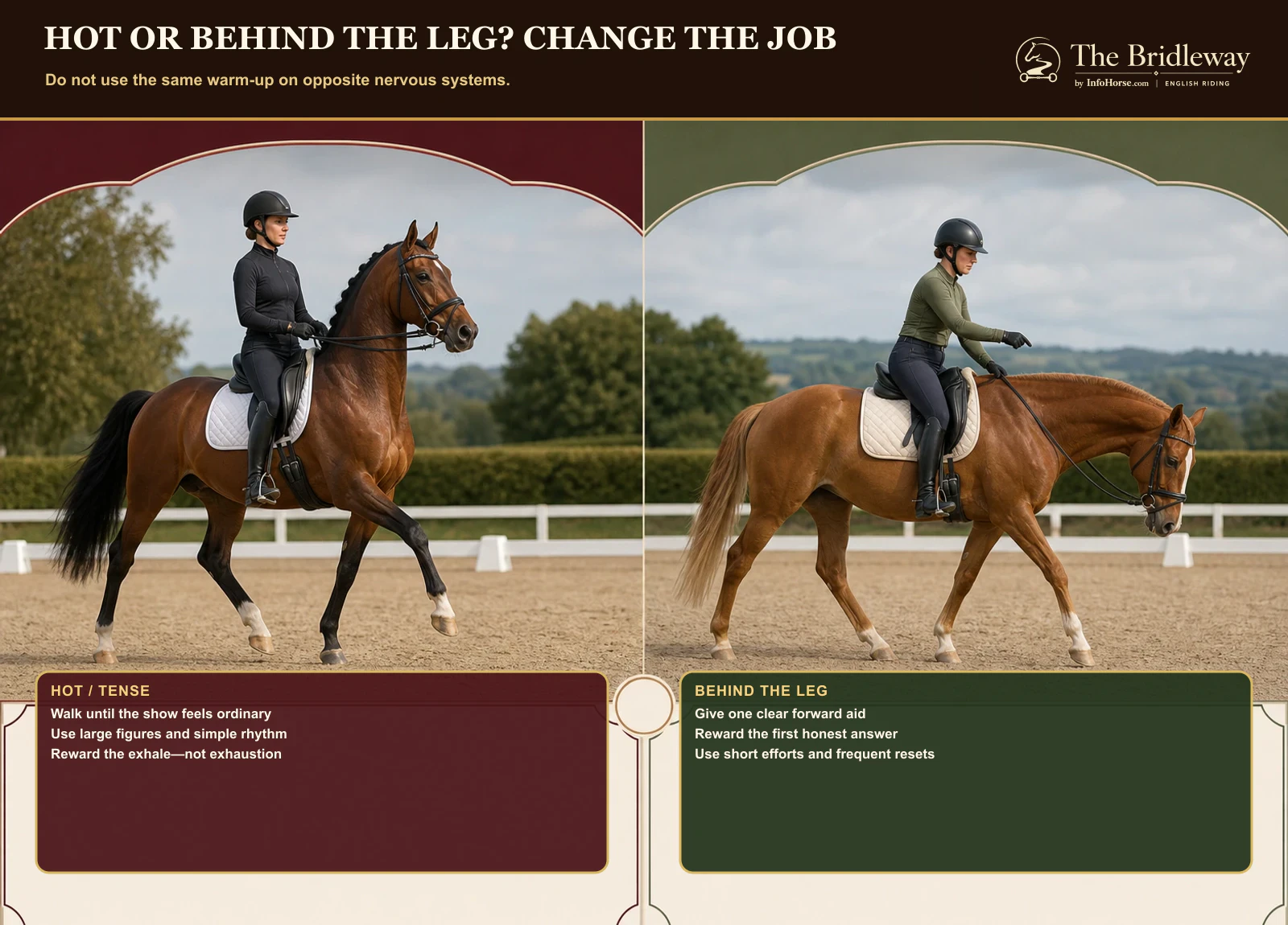 Bridleway comparison of warm-up choices for a hot horse and a horse behind the leg