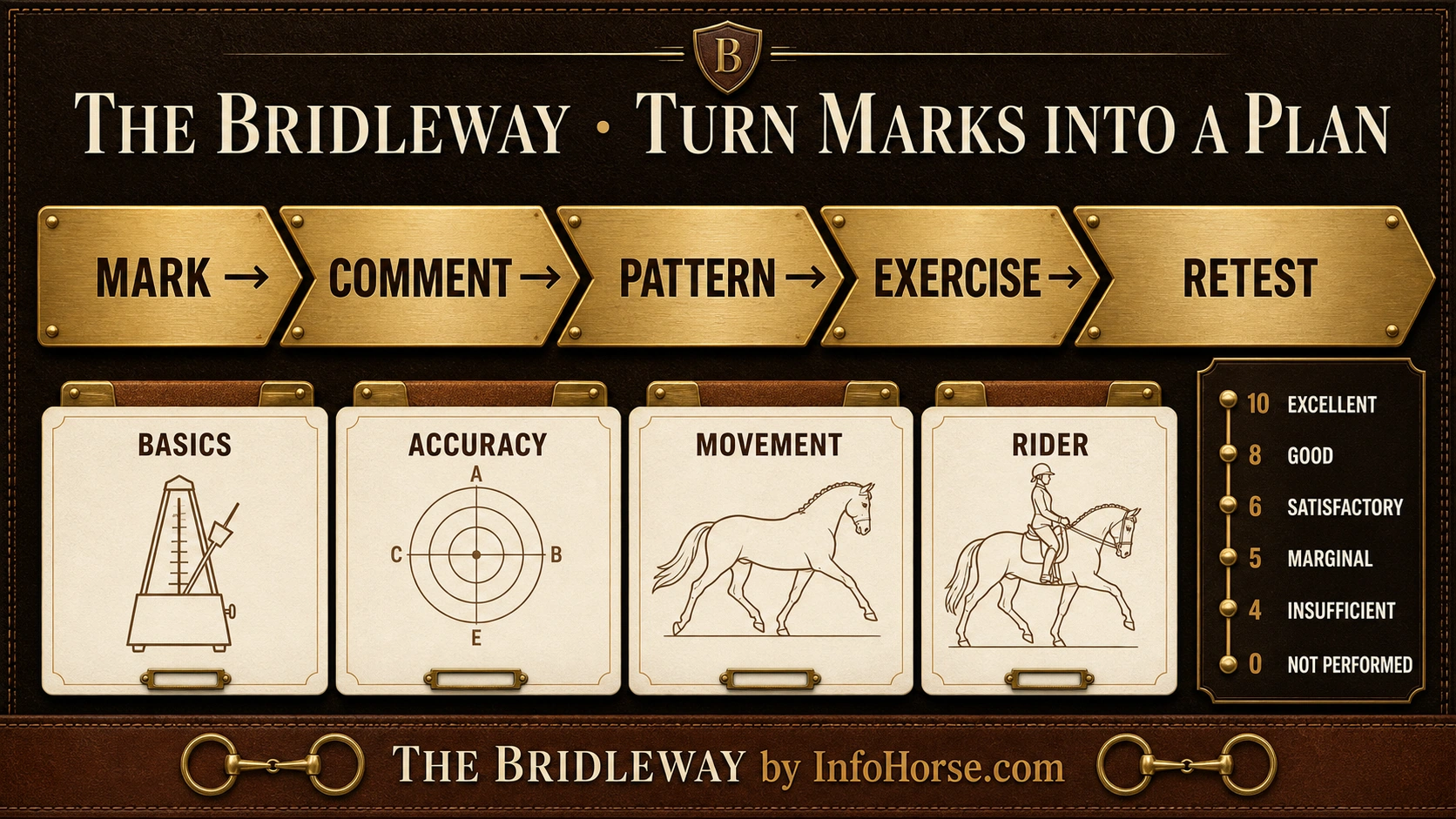 Bridleway infographic showing the path from mark to comment, pattern, exercise, and retest