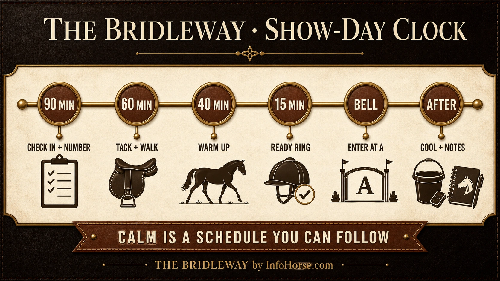 Bridleway show-day clock from check-in and tacking through warm-up, ready ring, bell, cool-out, and notes