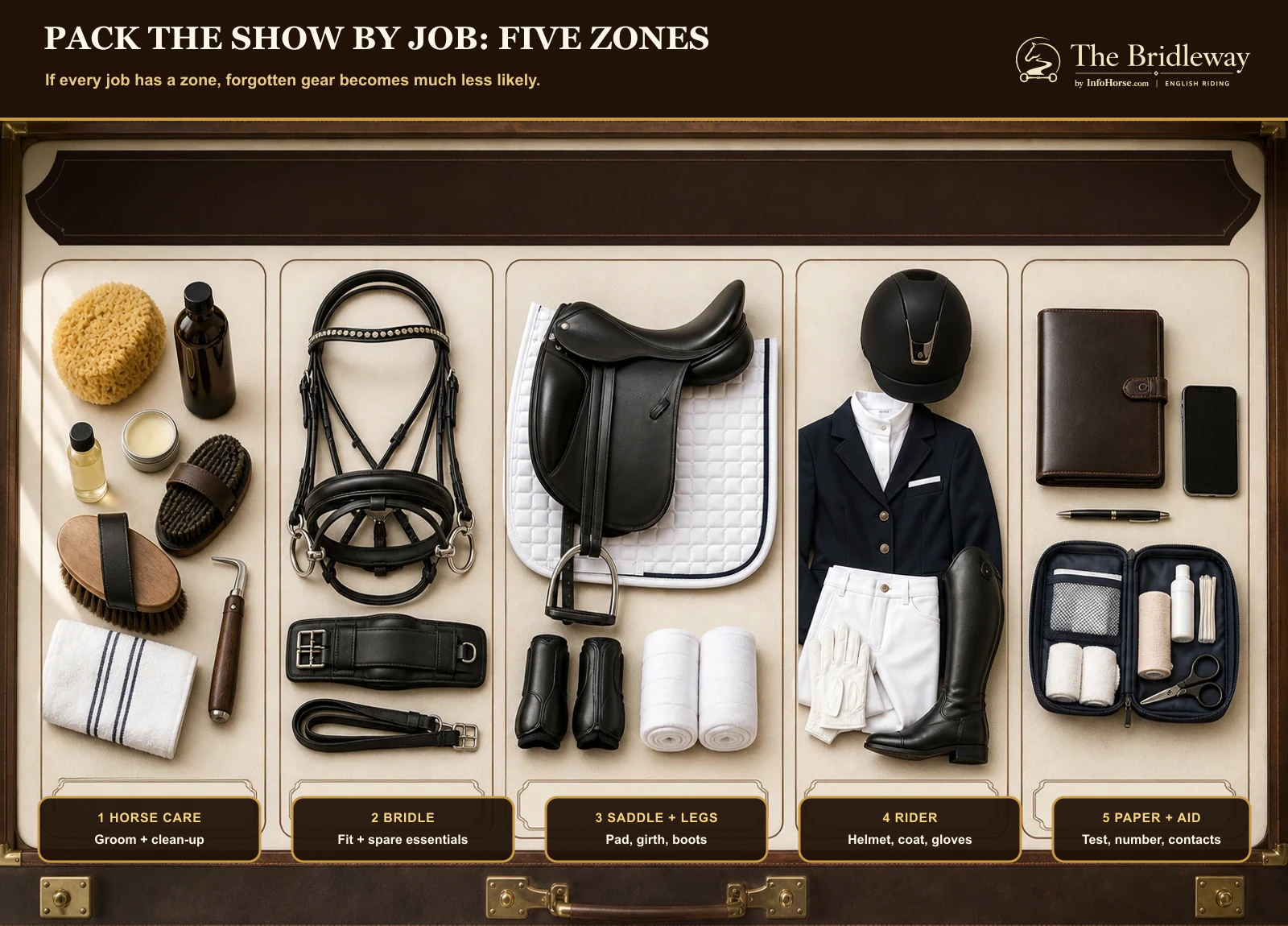 Bridleway five-zone packing guide for horse care, bridle, saddle and legs, rider, and paperwork