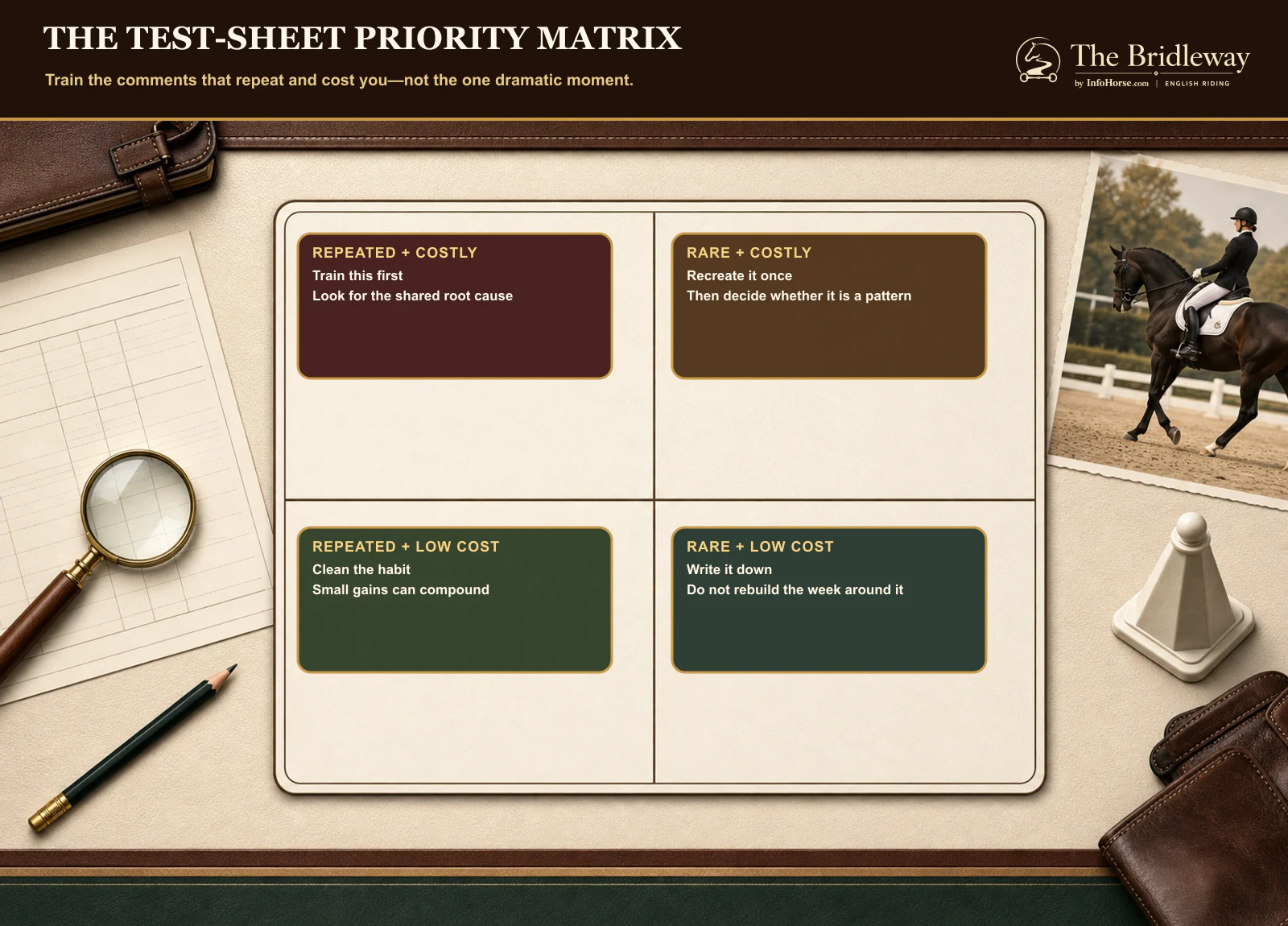 Bridleway four-quadrant matrix for prioritizing repeated and costly dressage test-sheet comments
