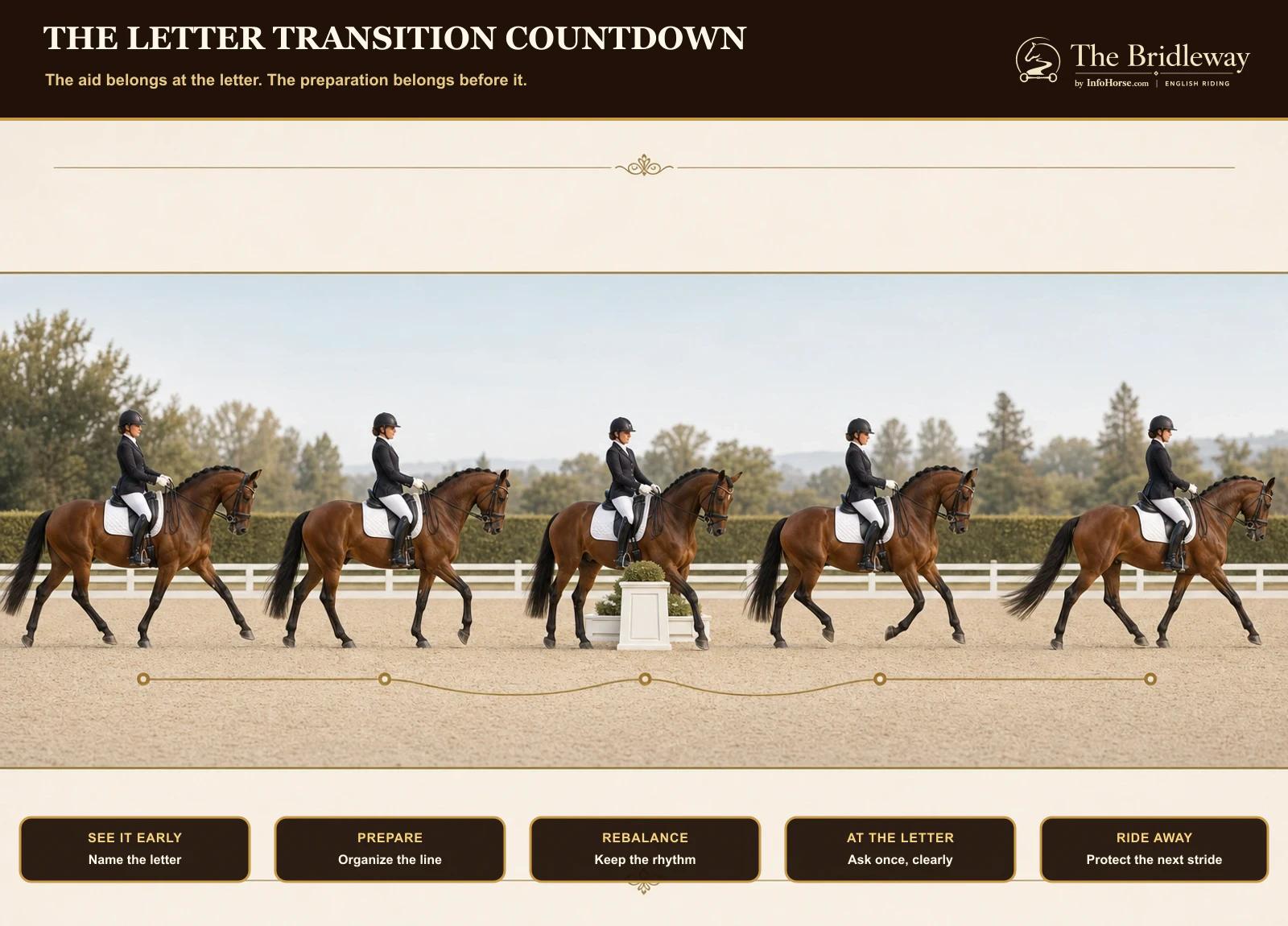 Bridleway five-step countdown for preparing and riding a dressage transition at the letter