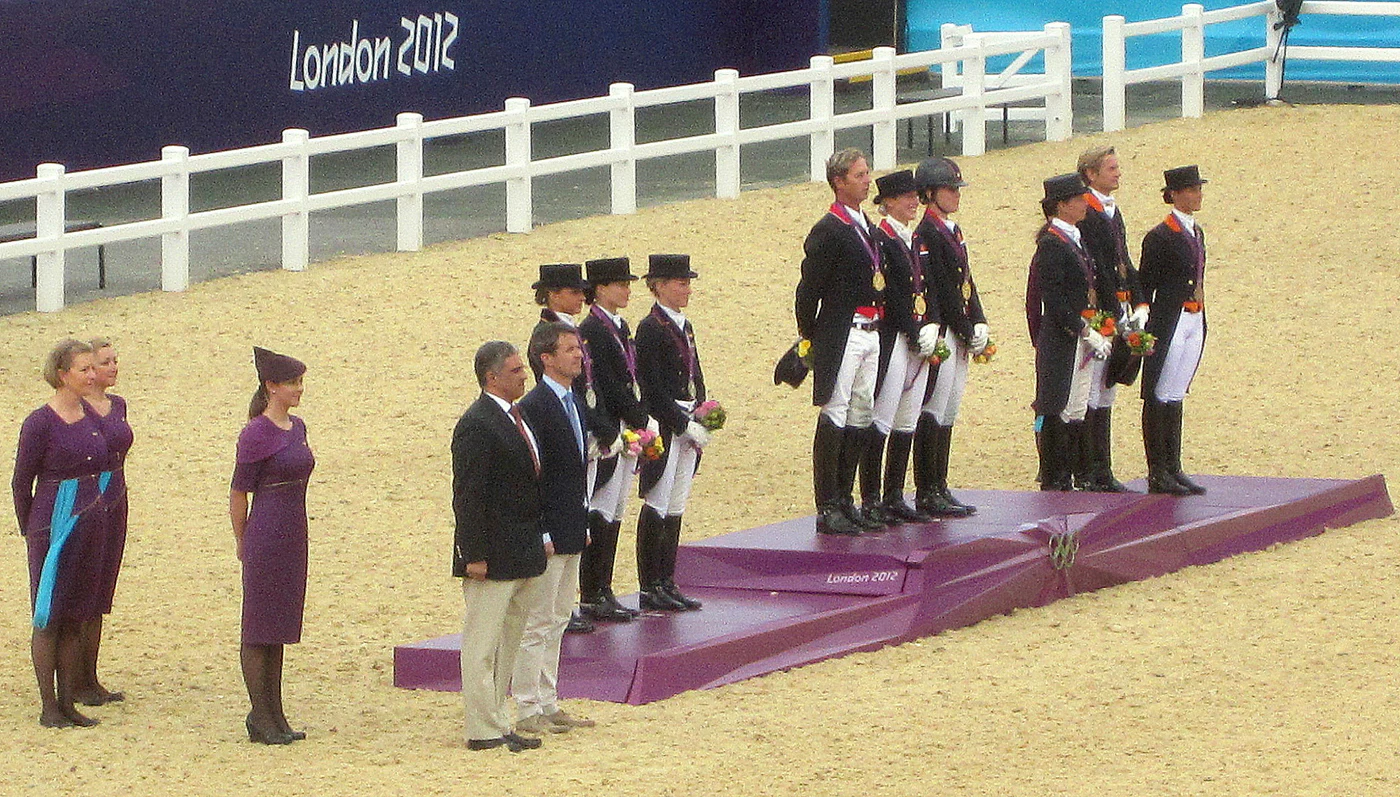 British dressage team riders on the podium at Greenwich Park during the London 2012 Olympic Games