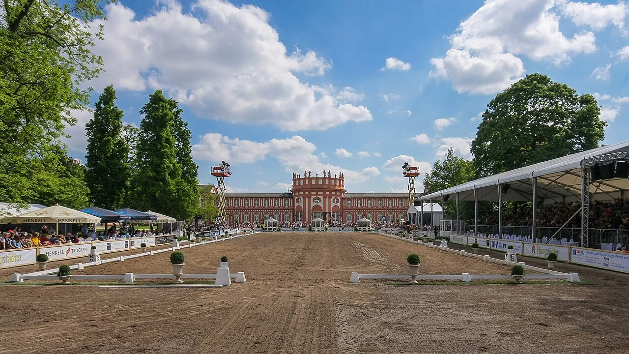 Full-size dressage competition arena with letters, rails, centerline, and judges positions visible