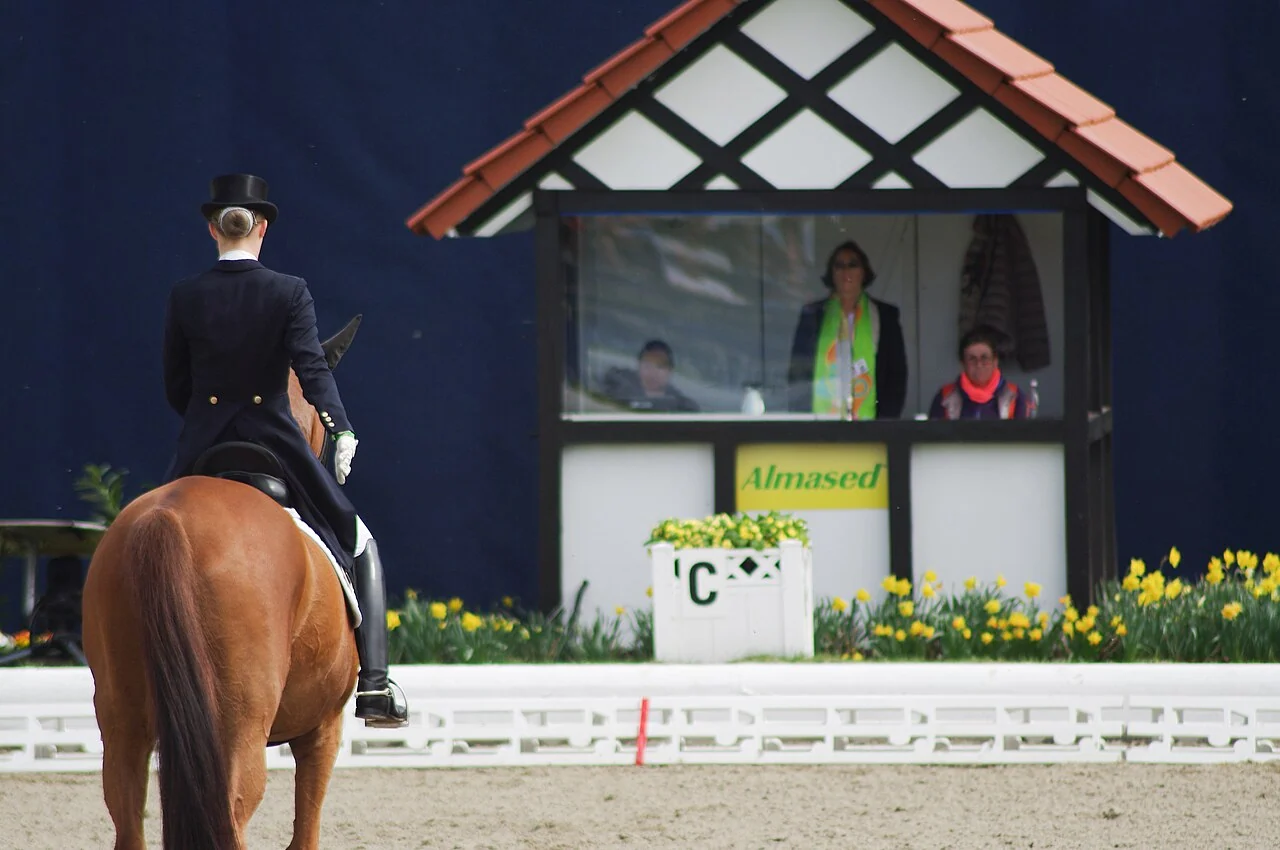 Professional dressage combination riding toward the judge booth at C