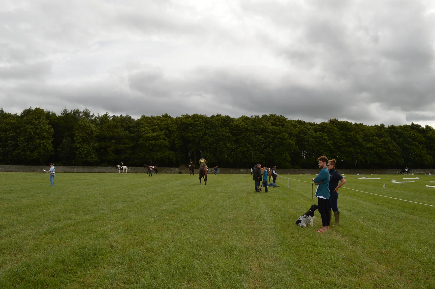 Dressage warm-up and competition arenas spread across the Stafford Horse Trials showground