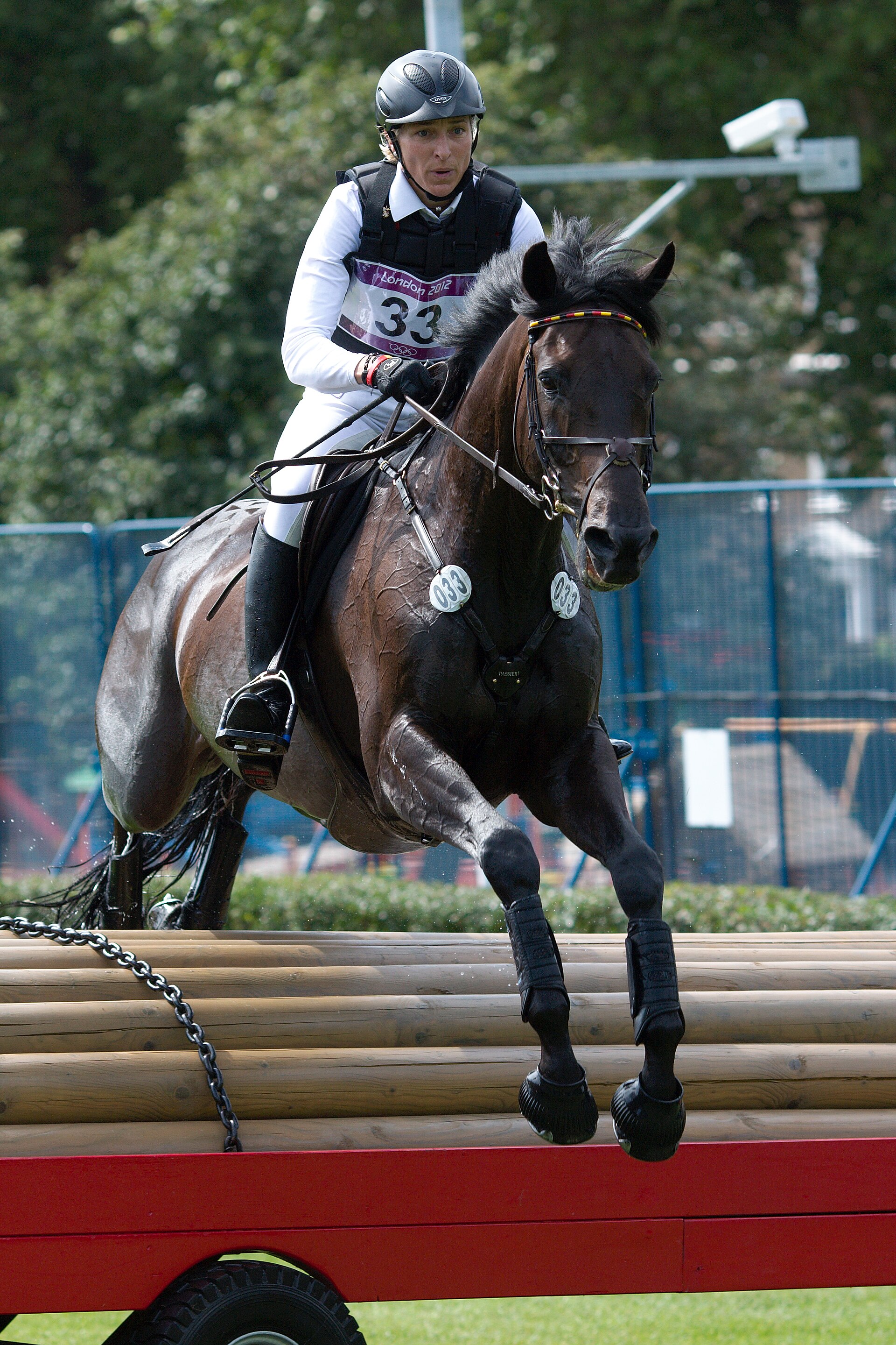 Rider in black body protector and helmet clears a log fence on cross-country at London 2012