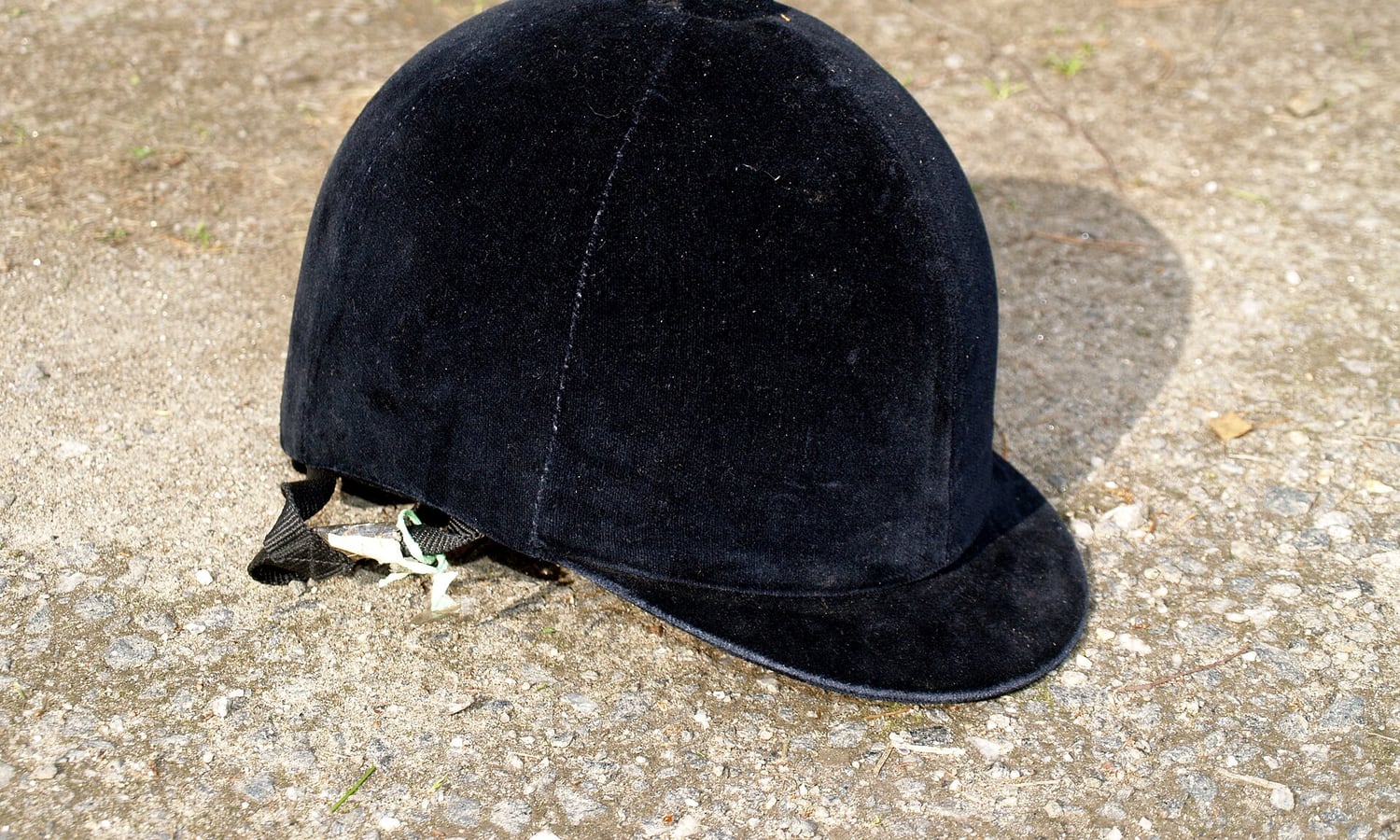 Black equestrian safety helmet on a pale background