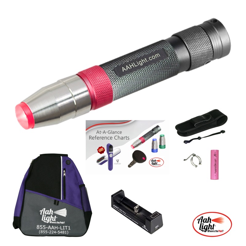 AAH Light complete package showing the red light torch with reference charts, holster, battery, charger and sling pack
