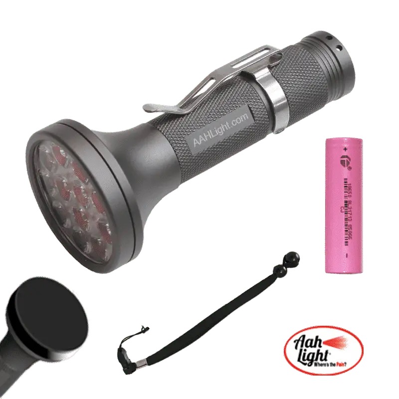 AAH PBM Light multi-LED therapy torch shown with rechargeable battery and wrist lanyard