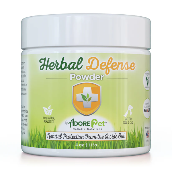 Adore Pet Herbal Defense Powder jar, an all-natural flea and tick support supplement for dogs and cats