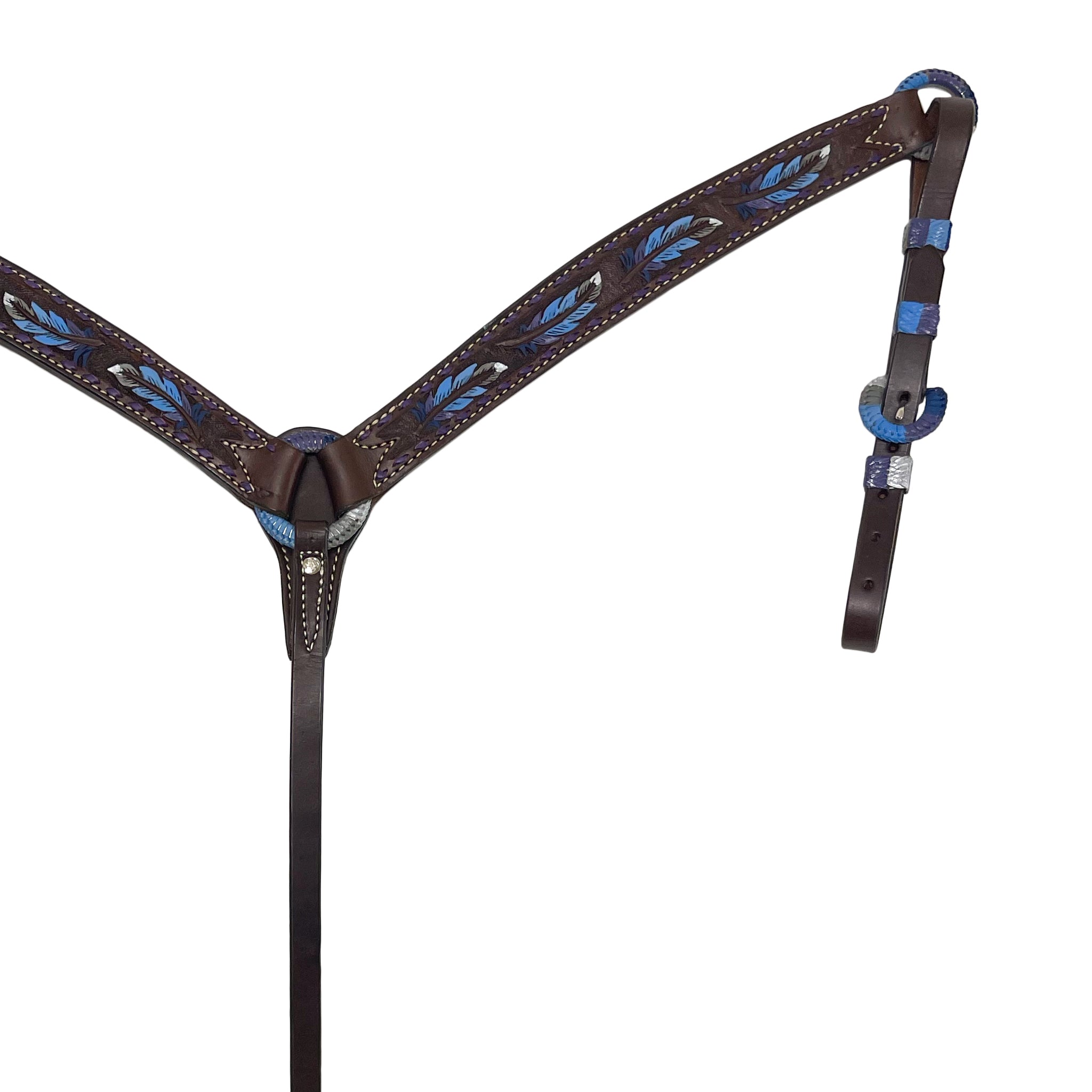 Alamo Saddlery contour breast collar in chocolate leather with multicolored feather tooling and purple buckstitch