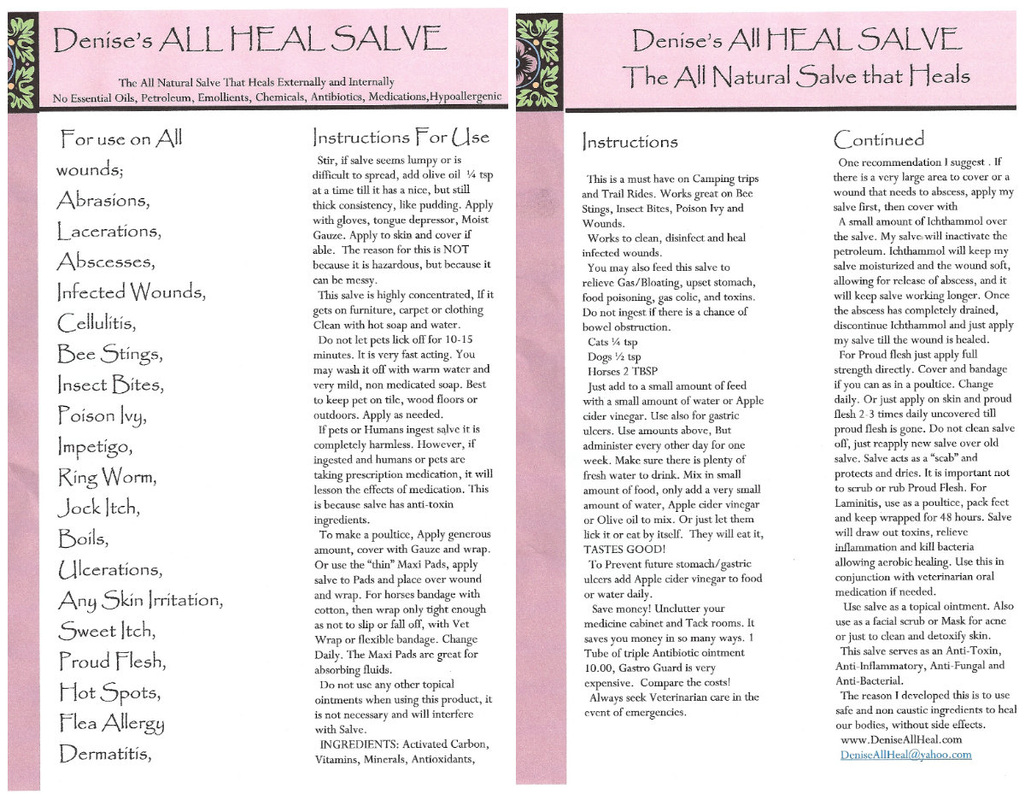 Denise's All Heal Salve printed product label listing ingredients and directions for use