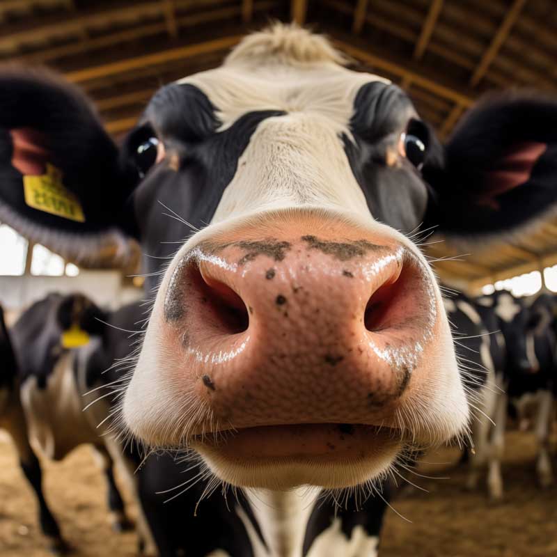 Close-up of a curious dairy cow in a barn, representing the livestock SilverVet Animal Aid Extra Strength is formulated to support