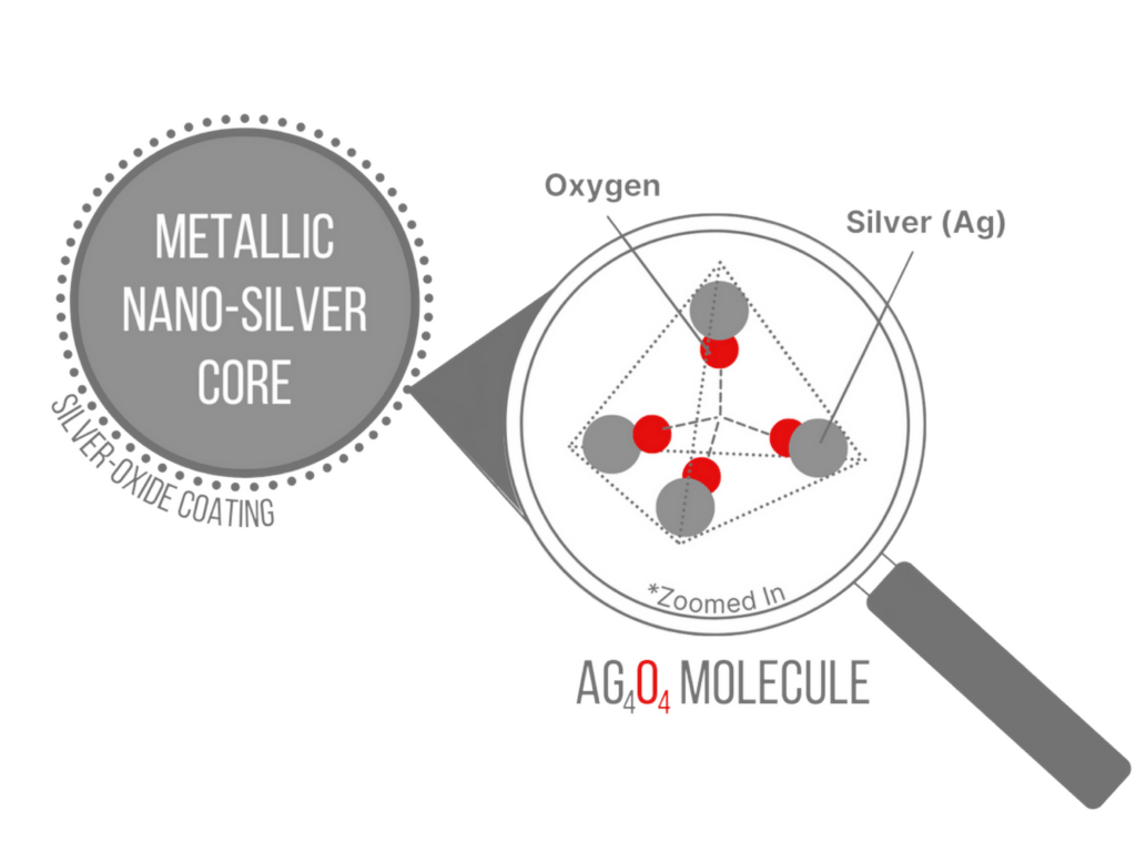 Diagram of SilverVet nano-silver showing a metallic nano-silver core with a silver-oxide coating and the Ag4O4 molecule