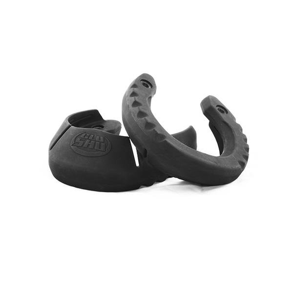 Pair of black GluShu flexible glue-on horse shoe cuffs with the GluShu logo embossed on the side