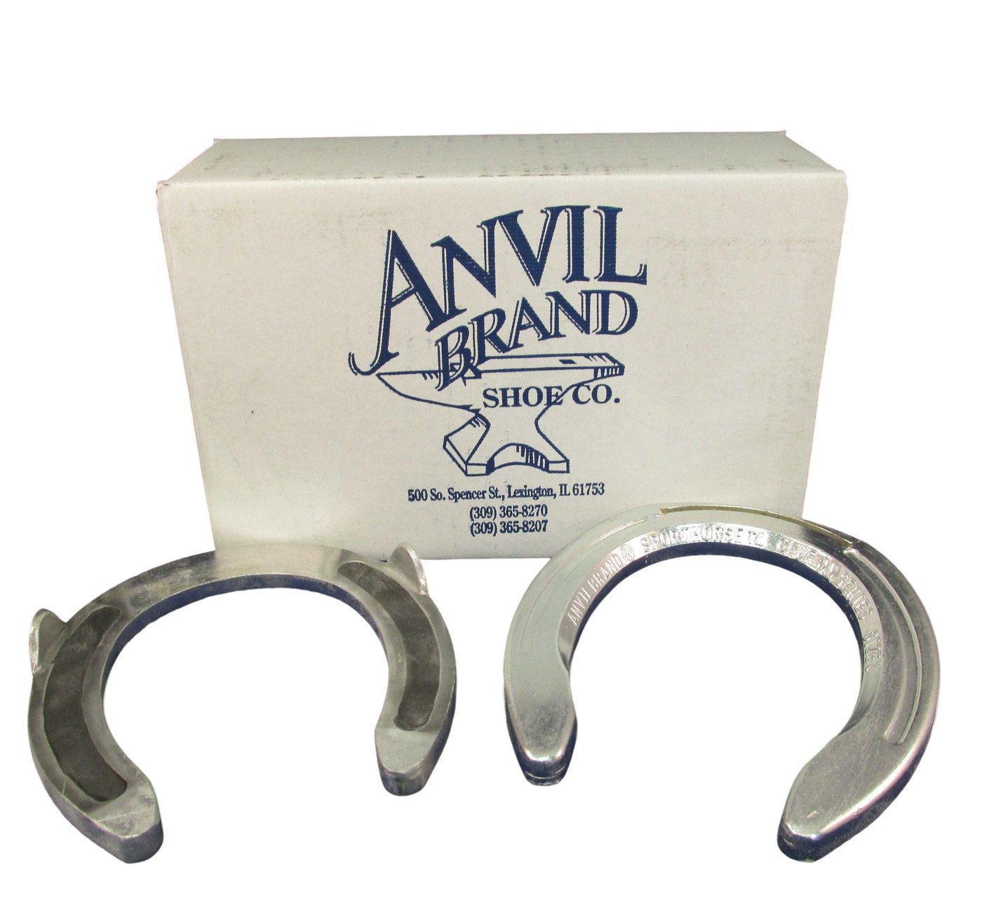 Anvil Brand Sporthorse glue-on aluminum horseshoes with their shipping box from Lexington, Illinois