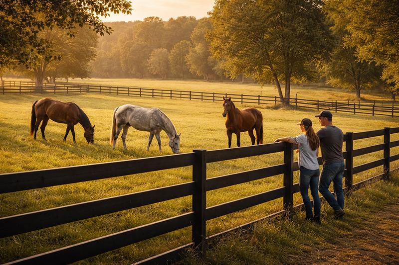 A couple leaning on a wooden pasture fence at golden hour watching three horses graze in a green field