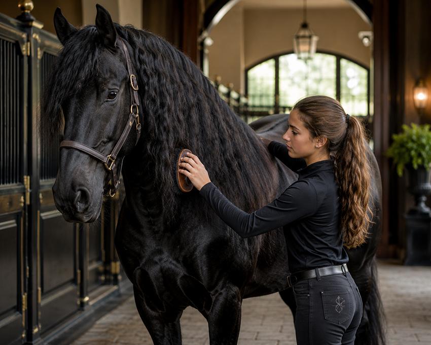 A young woman grooming a black Friesian horse with a long wavy mane in an elegant stable