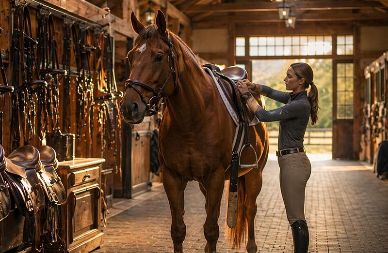 A rider tacking up a chestnut horse in a wood-paneled tack room lined with saddles and bridles