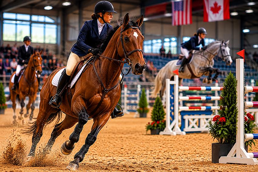 A show jumper and bay horse galloping through an indoor arena course beneath the American and Canadian flags