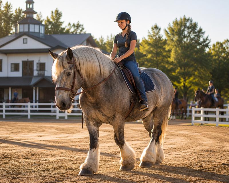 A young rider mounted on a dappled grey draft horse with feathered legs in a sunlit riding arena beside a white barn