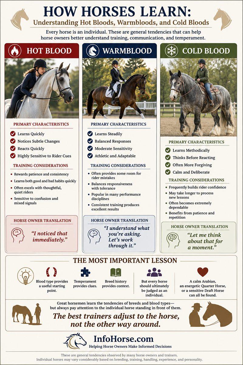 InfoHorse.com infographic titled How Horses Learn comparing the characteristics, training considerations, and temperament of Hot Blood, Warmblood, and Cold Blood horses