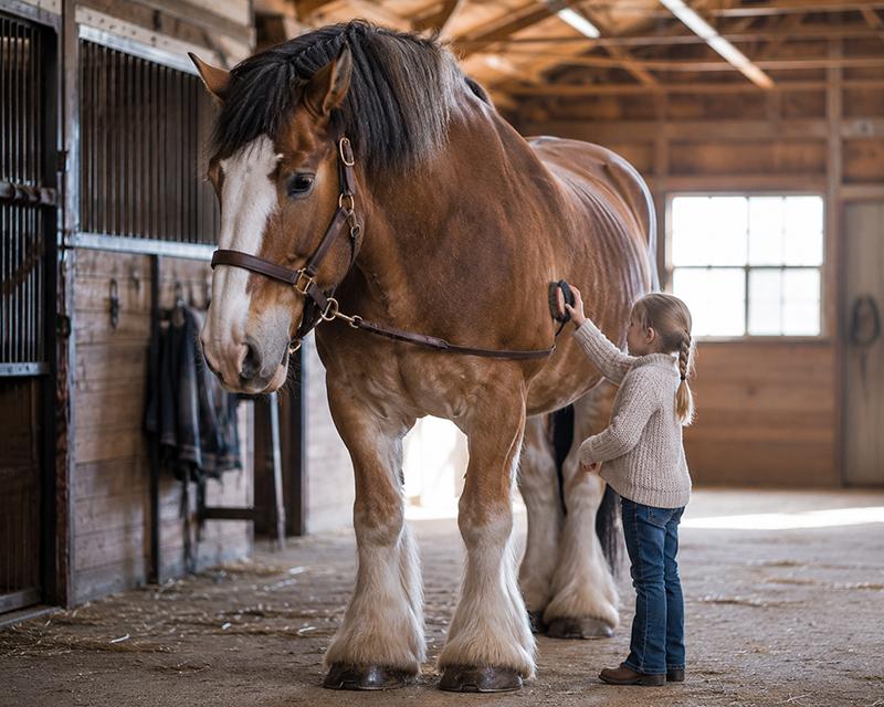A small child reaching up to groom a towering bay draft horse with feathered legs inside a barn aisle