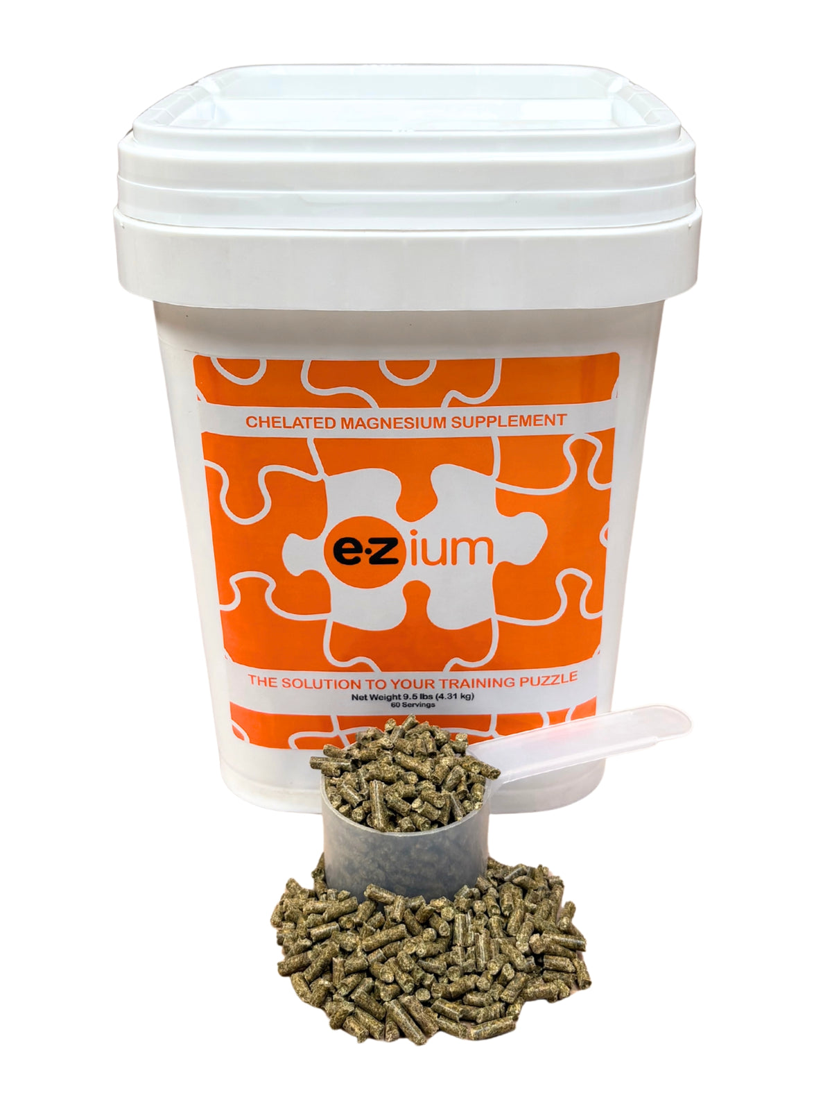 EZium chelated magnesium supplement reclosable pail with feed scoop and pelleted supplement