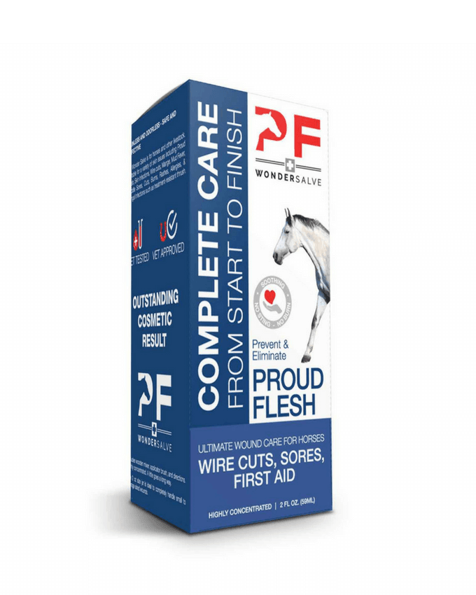 P.F. WonderSalve 2 oz package labeled Complete Care From Start To Finish for proud flesh, wire cuts, sores and first aid