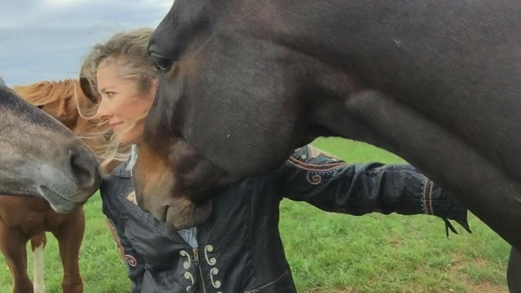 P.F. WonderSalve founder Melanie Wilfong resting her head against one of her horses in a green pasture