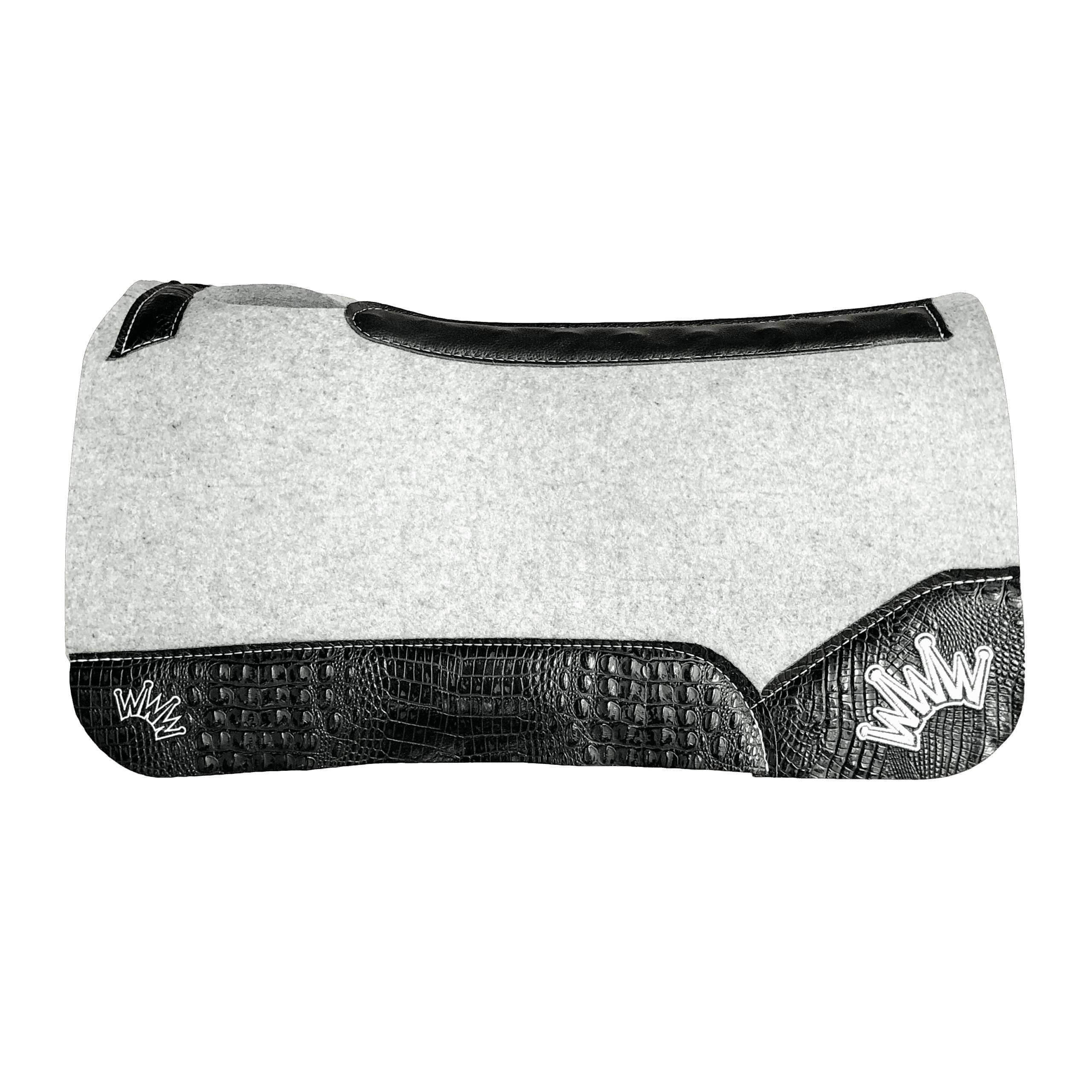 Best Ever Pads gray Kush wool saddle pad with black crocodile wear leathers and custom crown