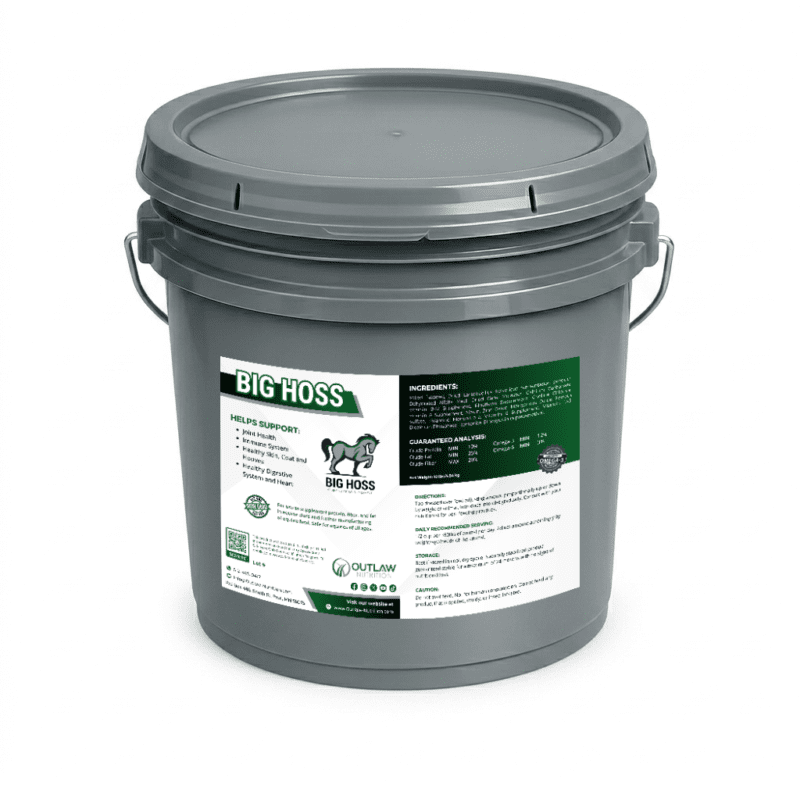 Big Hoss 10 lb reusable bucket of equine supplement by Outlaw Nutrition