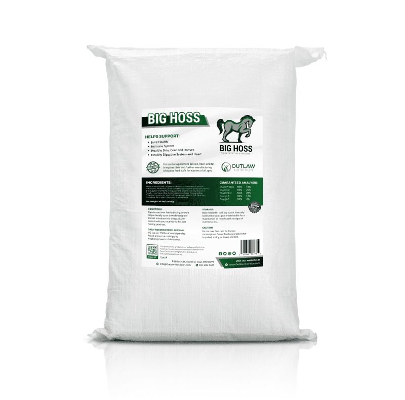 Big Hoss equine supplement 50 lb bag from Outlaw Nutrition showing the green horse emblem and guaranteed analysis