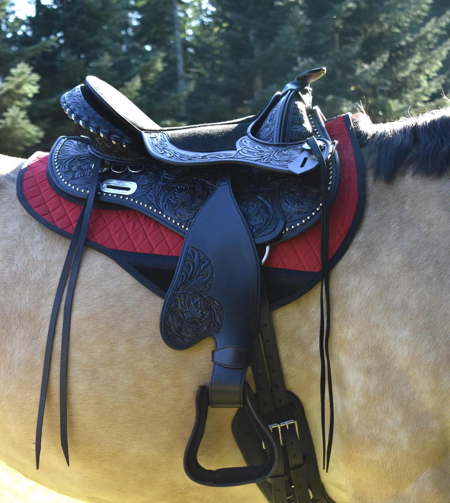 Black Forest Treeless Saddle tooled leather and removable pommel close-up